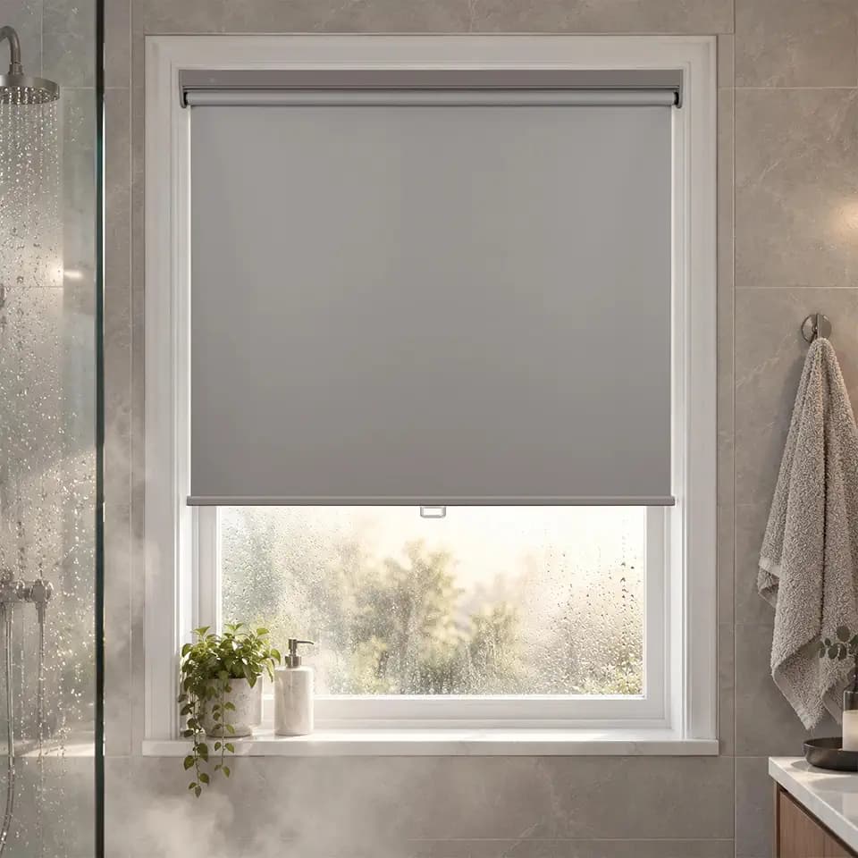 HESTIA No Drill Cordless Blackout Roller Shades Screwless Waterproof Shower Window Blinds, Auto-Retraction Easy Install Blind for Bathroom/Kitchen/Office/Exterior, Grey, 22" W x 54" H