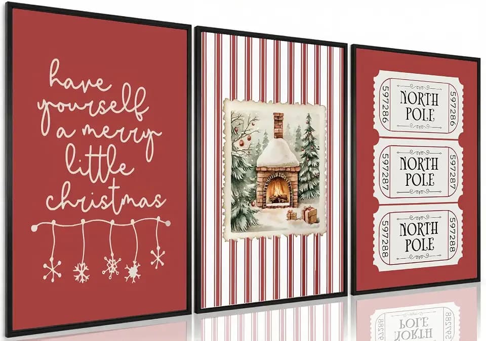 Oulores Christmas Wall Art Print, Red Striped Holiday Poster Artistic Holiday Arctic Picture Wall Decor for Girl's Room Office Living Room 12 * 18 in (Poster)