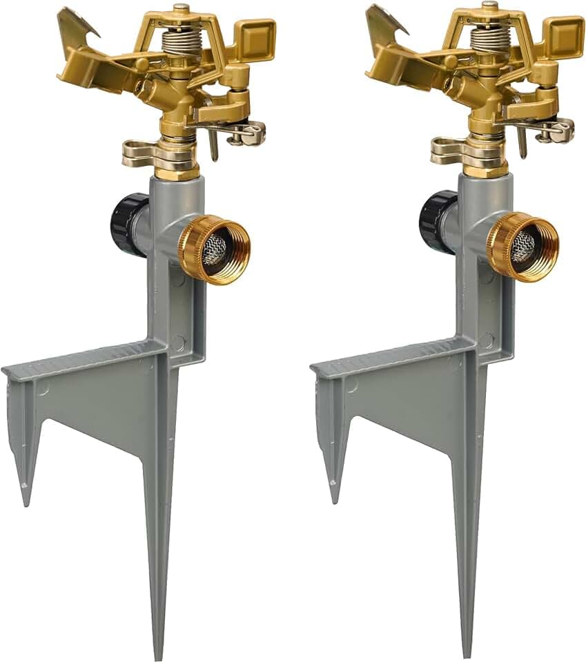 LIULO TOOL 2 Pack Zinc Alloy Impact Sprinklers for Yard, Stainless Steel Pulsating Water Sprinkler Head on Spike Base, Adjustable Water Sprinklers for Large Area Patio Lawn Garden Irrigation