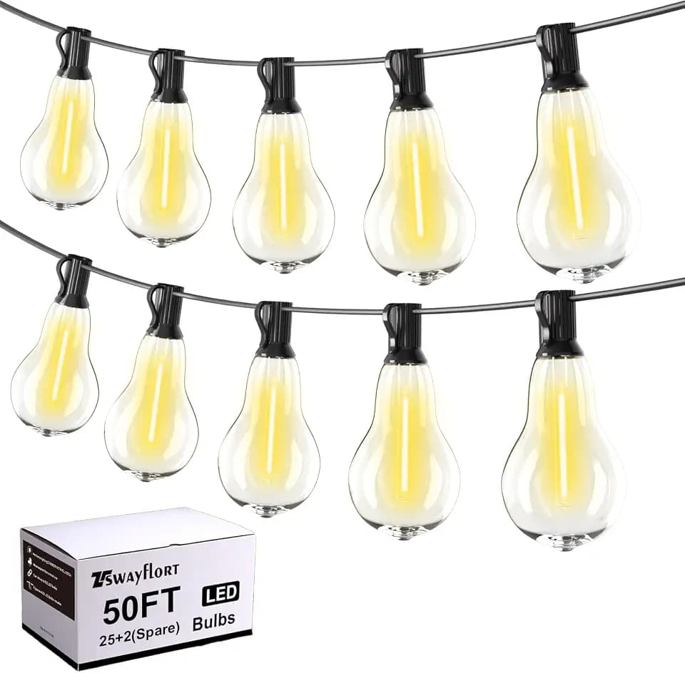 Outdoor String Lights 50FT LED String Lights for Outside with 27 A39 Waterproof Edison Bulbs (2 Spare), Patio Lights Outside Hanging for Bistro,Balcony,Porch,Yard,Garden,Black Cord