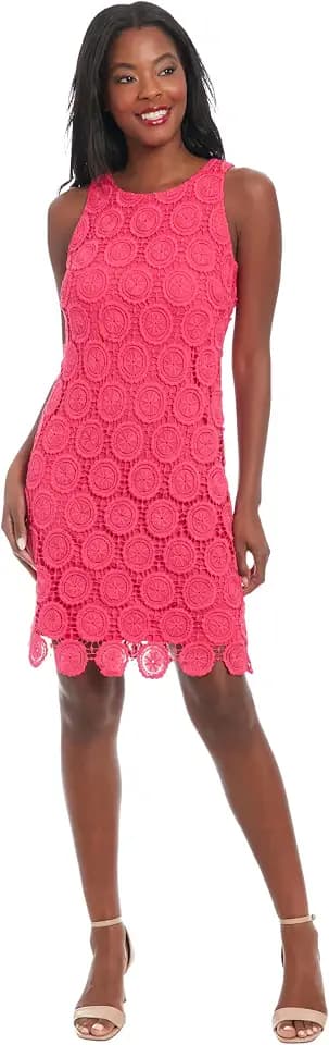 London Times Women's Elegant Floral Crochet Knee-Length Sleeveless Fitted Cocktail Party Occasion Dress
