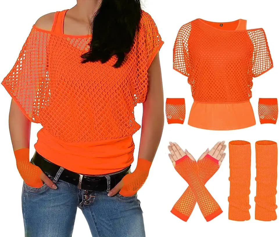 ELFIN 80er 90er Jahre Outfit Damen, Netzshirt, Tank top, Beinwärmer, Netzhandschuhe, 80er Jahre Netzoberteil Damen Tops Neon Shirt, 80er Kostüm Aerobic Kleidung Mottoparty Accessoires Party Karneval