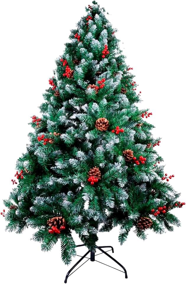 Natürlicher grüner Weihnachtsbaum mit Schnee und roten Beeren, schneebedeckter Weihnachtsbaum, optionale Weihnachtsbeleuchtung, Weihnachtsbaum-Dekoration nach Ihrem Geschmack, Chistmas Tree