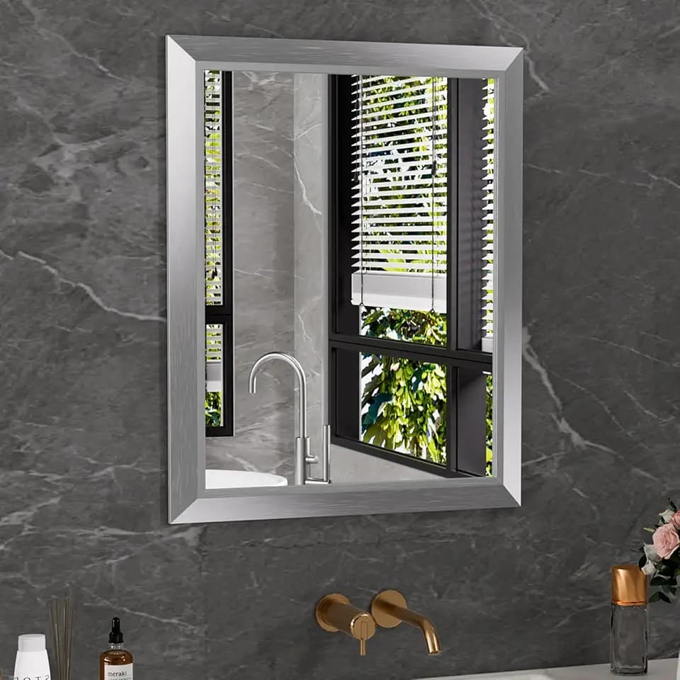 Amorho Bathroom Mirror for Wall 24x30 Inch, Brushed Silver Metal Framed