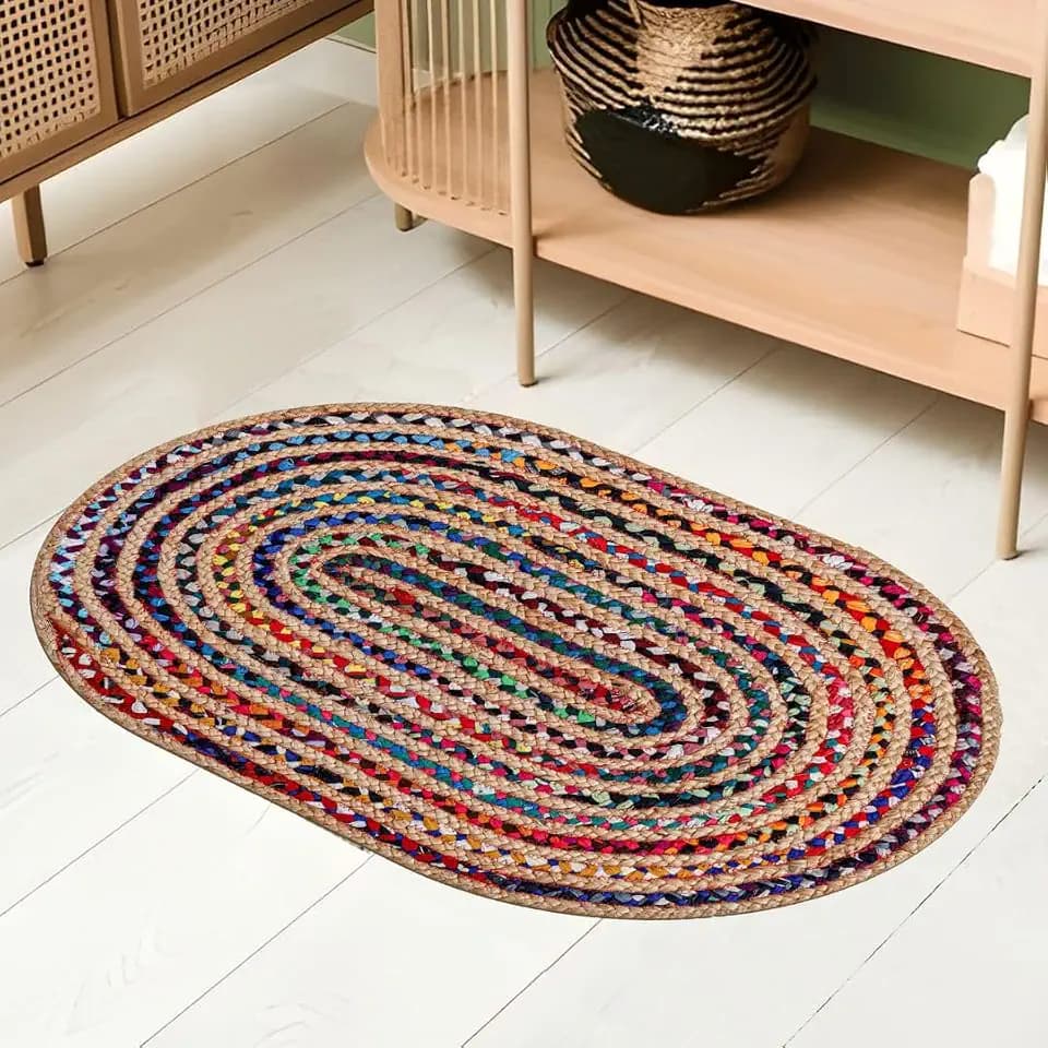 Braided Jute Chindi Area Rug, Natural, 2x3 Ft Oval