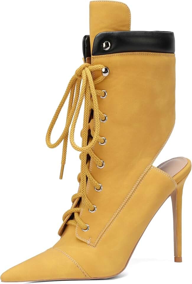 Women's Ankle High Mule Boots Lace Up Pointed Toe 4.7 Inch Stiletto High Heel Deconstructed Fashion Ankle Boots