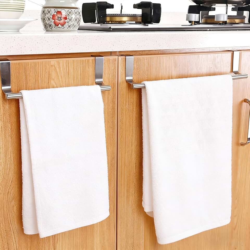Stainless Steel Over Cabinet Door Towel Rack - Over The Door Hooks Kitchen Bathroom Towel Bar Holders for Cabinet Cupboard Doors, Universal Fit (2 Packs)