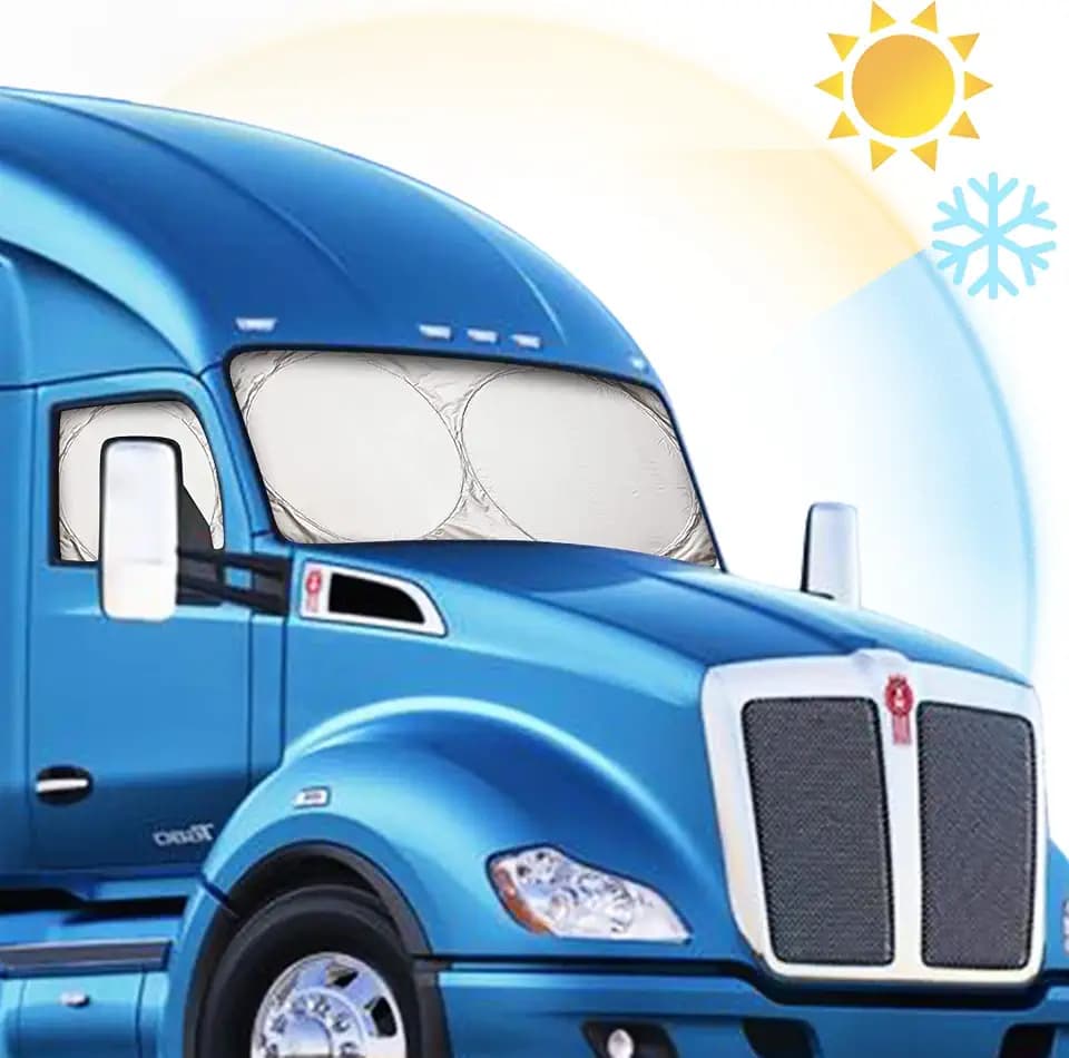 Semi-Truck Sun Shade for Windshield and Side Windows | 300T Sunshade Maximum Coverage | Block Sun Heat Rays |Fits for Semi, Commercial & Big Rig Truck, RV (Side Velcro)…