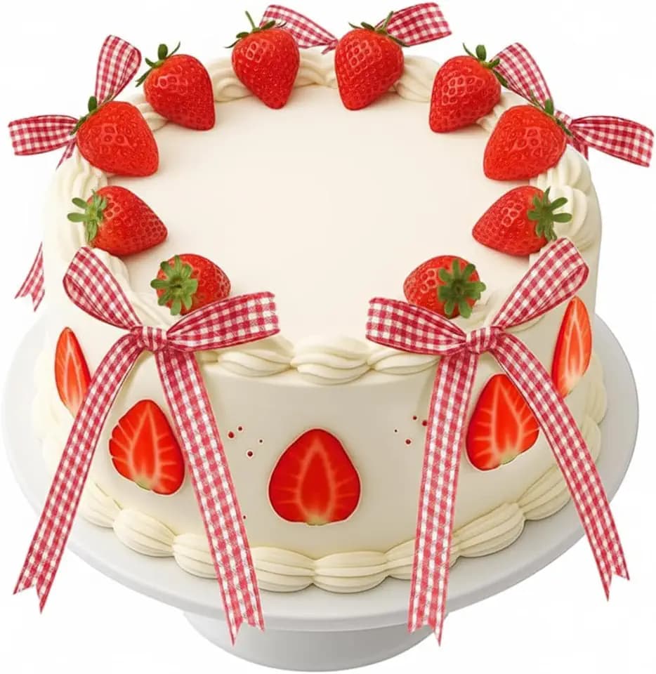 36 Pcs Strawberry Cake Decorations and Bow Cake Toppers Fake Strawberry Cupcake Topper Red Gingham Ribbon Bows for Birthday Baby Shower Bridal Wedding Picnic Party Table Centerpieces