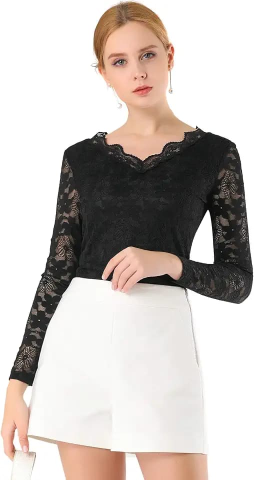 Allegra K Damen Langarm Durchsichtig Spitze Dirndl Trachtenbluse Oberteil Rüschenkragen Mesh Blumen Lace Top Bluse