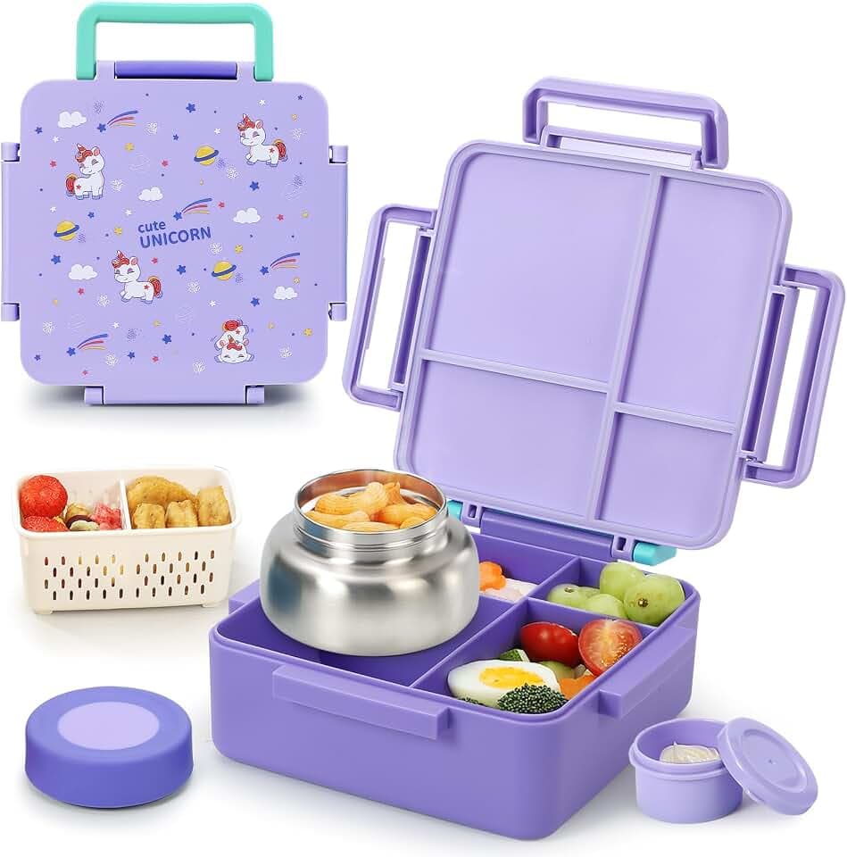 Bento Box for Kids with Thermos, [Large Capacity] Insulated Kids Lunch Box with 4 Compartment for Ages 3+, Drop-Proof & Dishwasher Safe Lunchbox Container Purple