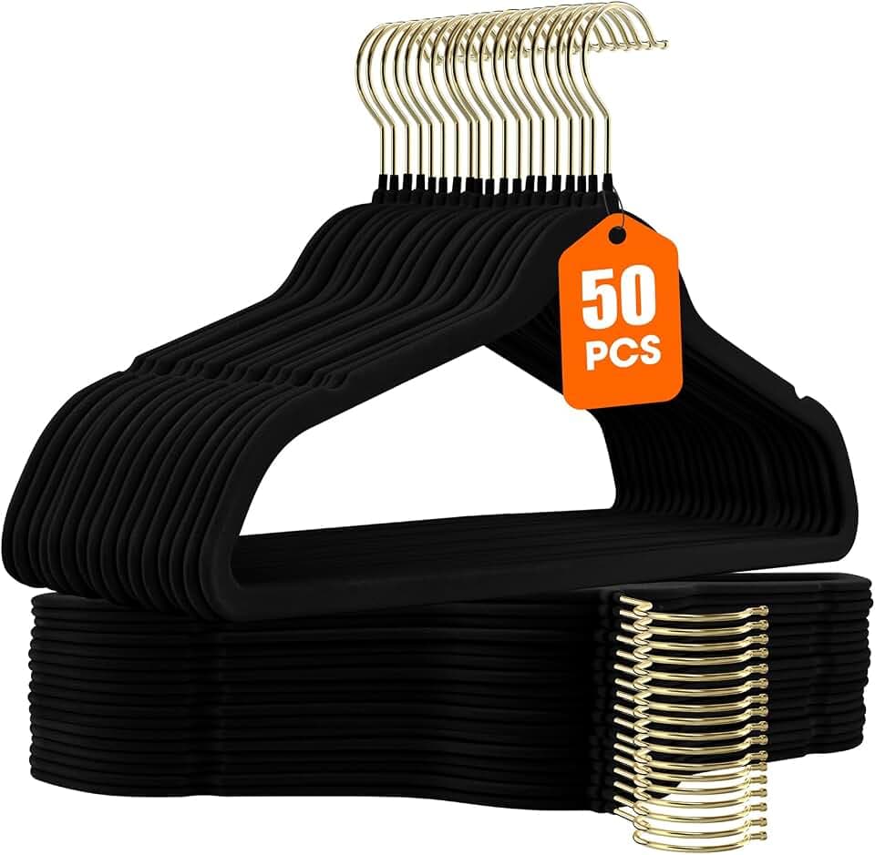 50 Pack Black Velvet Hangers,Coat Hanger Non Slip,Heavy-Duty,Space Saving,Slim Clothes Hangers for Pants,Outfit,Suits,Skirts,Coats,Dresses ect.Felt Hanger with Gold 360°Swivel Hook