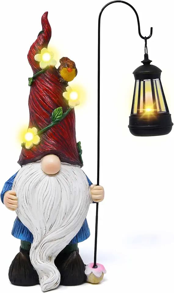 Outdoor Garden Gnome Statue with Solar Lantern Light Resin Yard Decor Patio Lawn Pathway Figurine Holiday Decoration Gnome Gift for Women Mom