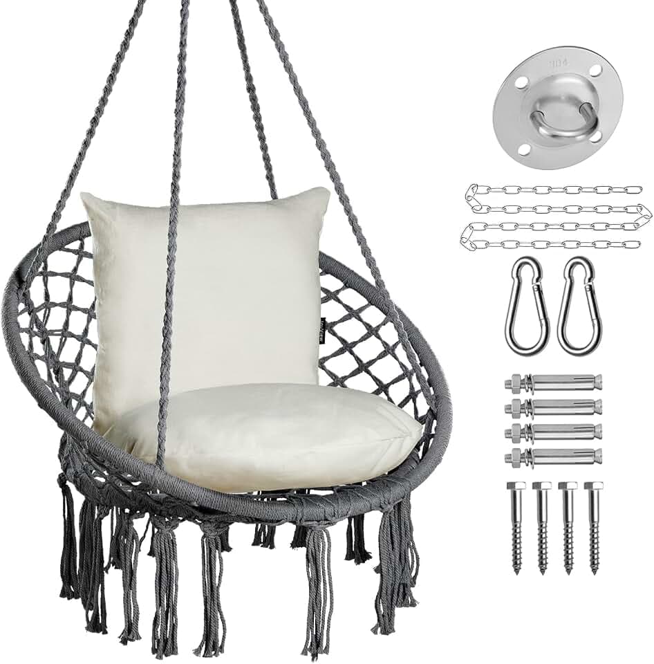 JoyView Macrame Hammock Chair, Hanging Chair with 2 Cushions, Hardware Kit