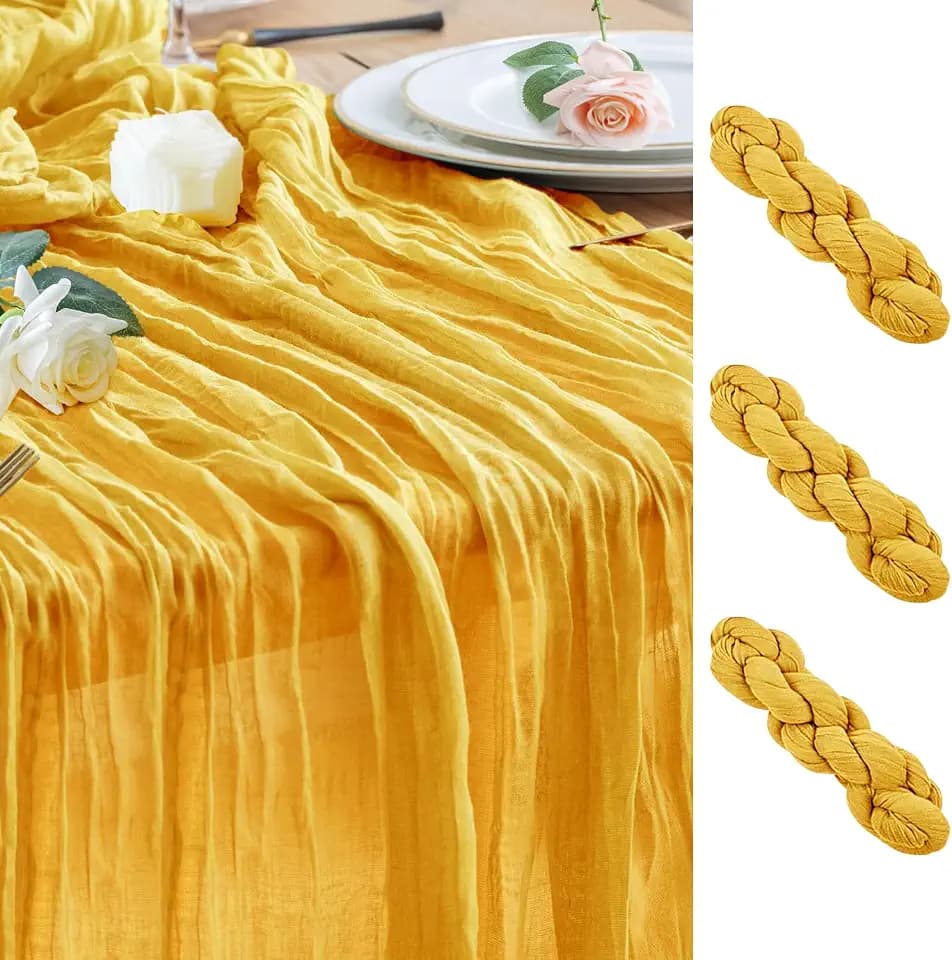 Wokceer Cheesecloth Table Runner Gold 10FT Boho Gauze Runner, 3 Pack