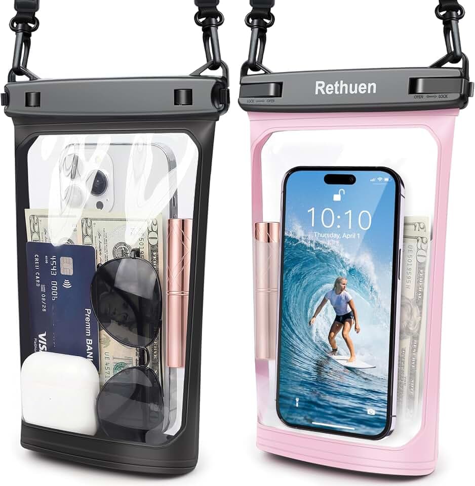 Large Floating Waterproof Phone Pouch, 2Pack Cell Phone Dry Bag for iPhone 17 16 15 14 13 Pro Max Galaxy S24 S23 S22 All Phones, Float Water Proof Bag for Beach Water Park (Black + Pink)