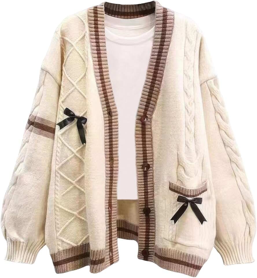 ebossy Womens Bowknot Cable Knit Cardigan V‑Neck Button Down Sweater Coat