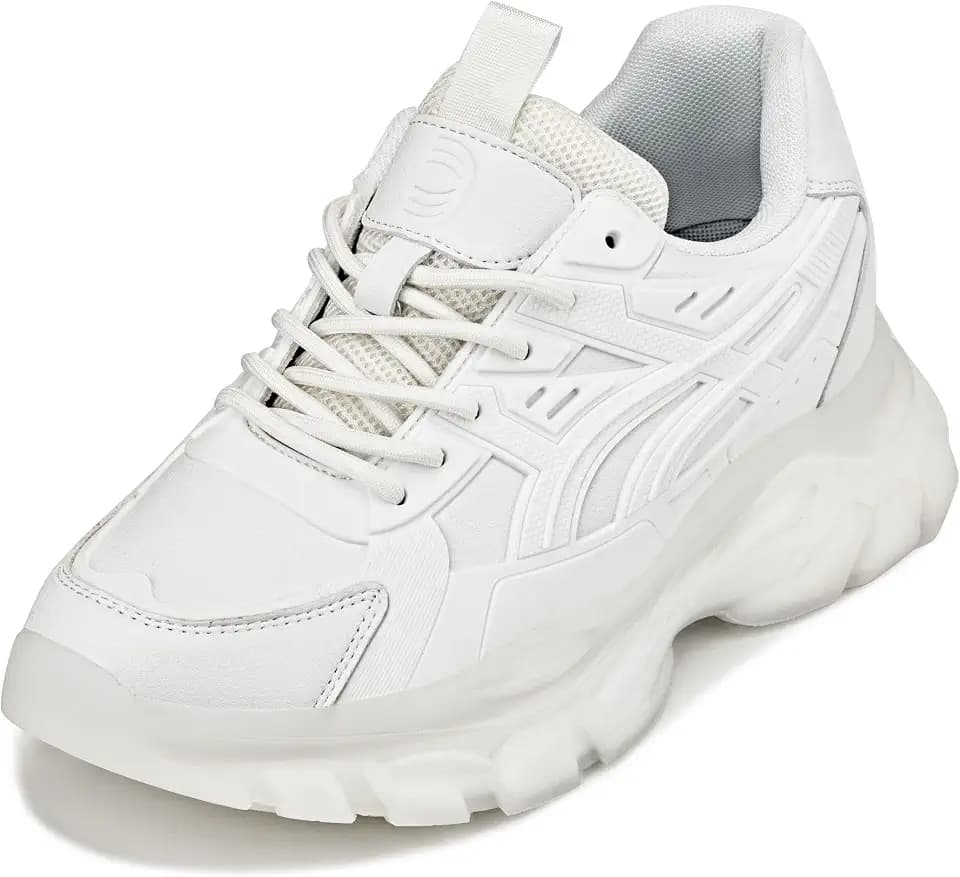 CALTO Men's Invisible Height Increasing Elevator Shoes - White/Translucent White Sole Chunky Sole Lace-up Sporty Sneakers - 2.6 Inches Taller - S5285 - Size 10 D(M) US