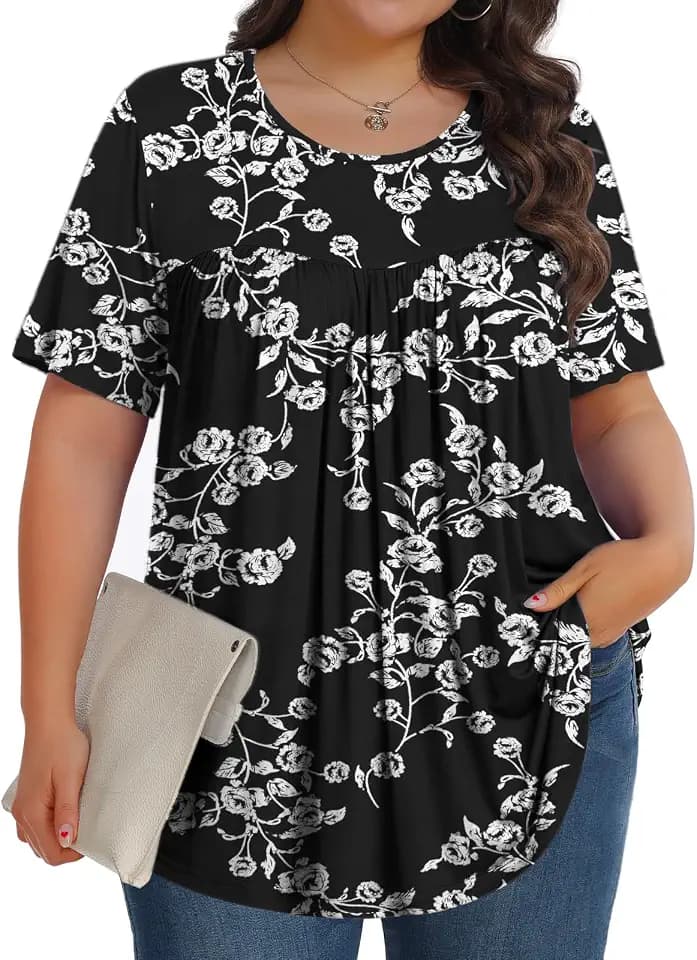 Tencede Womens Plus Size Tops Tunic Short Sleeve Crew Neck Shirts Casual Soft Blouse 1X-5X