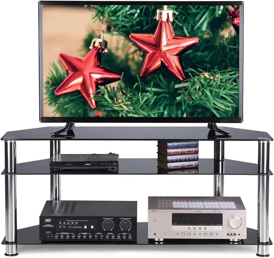 Rfiver Glass Corner TV Stand for 32-60 Inch Flat/Curved Screen TVs, TV Table with Black Tempered Glasses and Silver Stainless Tubes, Small Entertainment Center for Bedroom Living Room