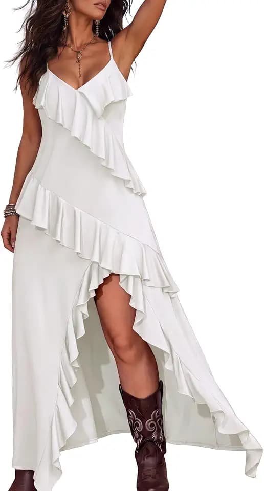 SKAYS Sleeveless V Neck Ruffle Western Dress for Women