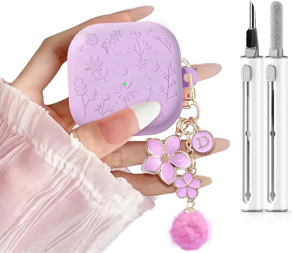 for Samsung Galaxy Buds 4 Case/Galaxy Buds 4 Pro Case Cover,Cute Engraved Flower Cover for Samsung Galaxy Buds 4/4 Pro,Silicon Skin with Girly Floral Keychain&Cleaing Pen Women Girls-Purple