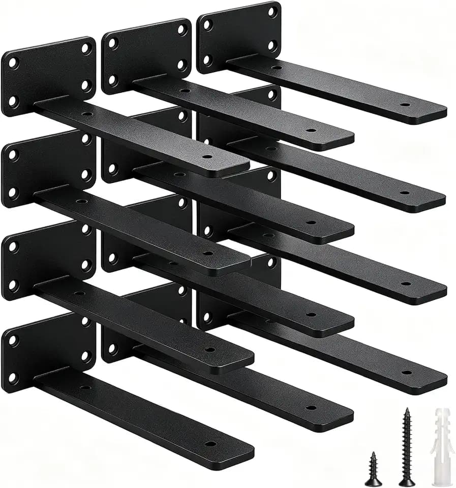 Shelf Brackets - 12 Pack Heavy Duty Floating Shelf Brackets, 10 inch L Brackets for Shelves, Black Floating Shelves for Concrete Walls and Brick Walls, 1/5 ” Thicked and Easy to Mount