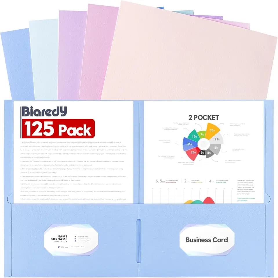 125 Pack Bulk Two Pocket Folders, Letter Size 8.5" x 11" Paper Folders with Business Card Slot, Assorted 5 Colors, Heavy Duty for Office, Law Firms, Accounting & Business Use
