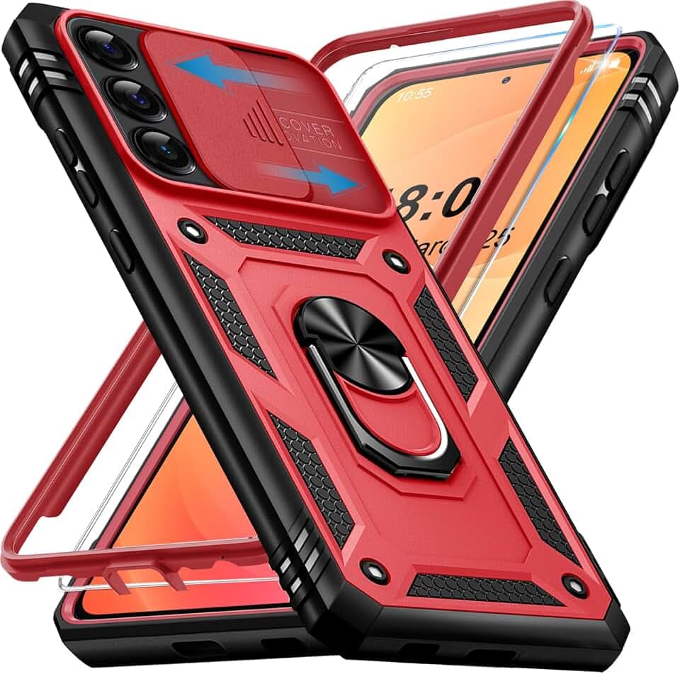 Giyer für Samsung Galaxy S24 Plus Hülle mit Schutzfolie, Handyhülle S24 Plus 5G Tache mit Kameraschutz 360° Metall Ring Ständer Stoßfest Bumper Schutzhülle Samsung S24 Plus Case Cover (Rot)