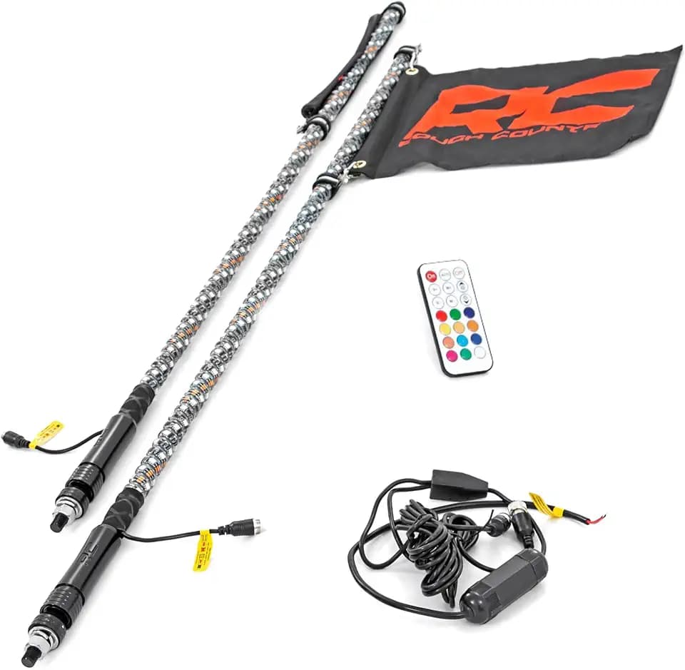 Rough Country 4' LED Whip Lights for UTV, ATV - Set of 2, 48" UTV LED Whips, Multi-Color RGB LEDs, 300 Patterns, Waterproof, Quick-Release Base