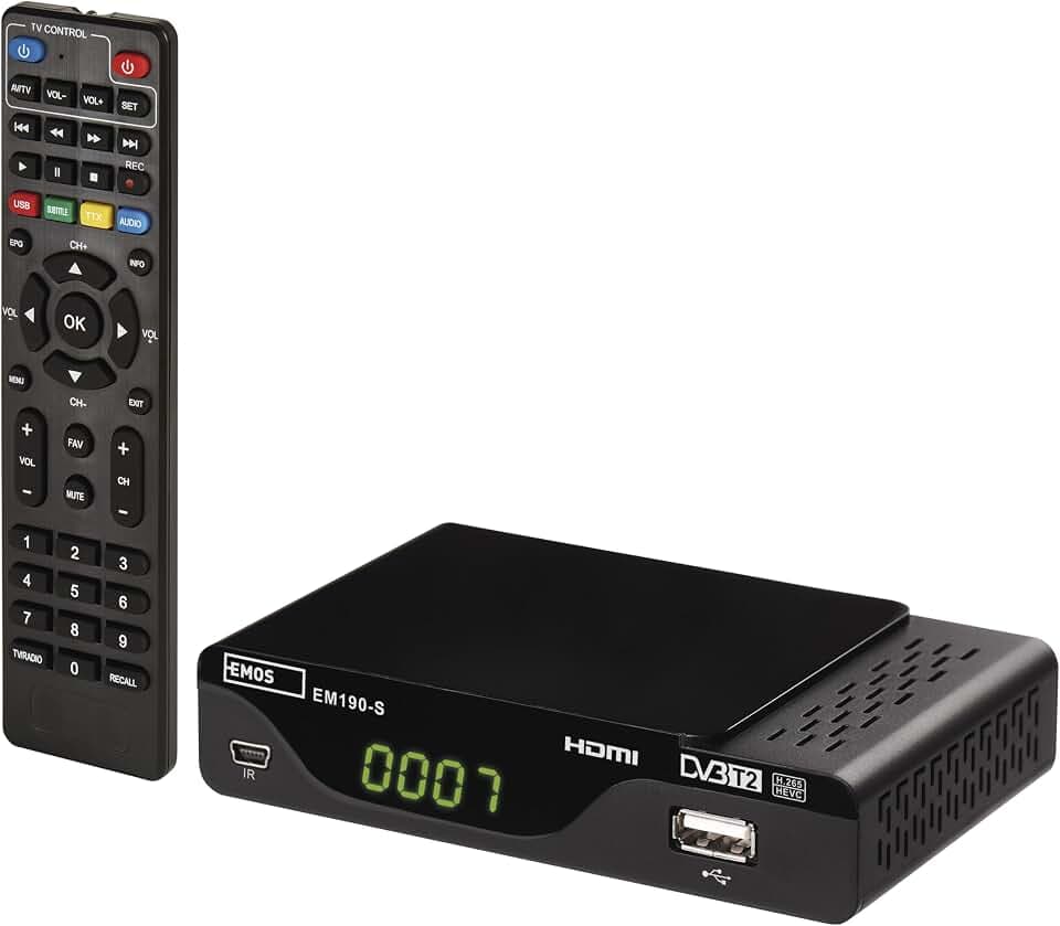 EMOS DVB-T2 HD Receiver H.265 HEVC mit USB, HDMI, SCART und Koaxial-Anschluss, Fernbedienung und Infrarot-Sensor, PVR, Mediaplayer und EPG Funktion, 1080p