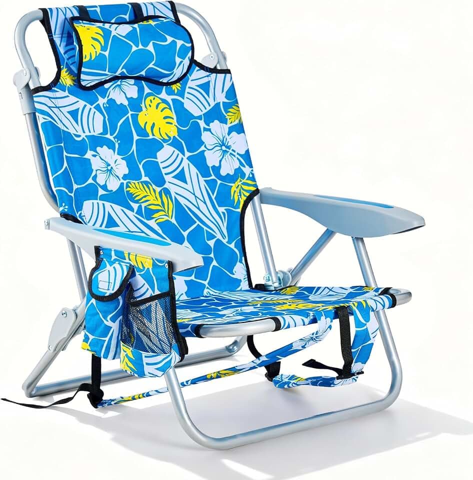 Portable Beach Chair for Adults, Outdoor Camping Chair Lay Flat Folding Backpack Beach Reclining Chair with 5 Positions, Headrest, Cup Holder, Heavy Hawaiian Style