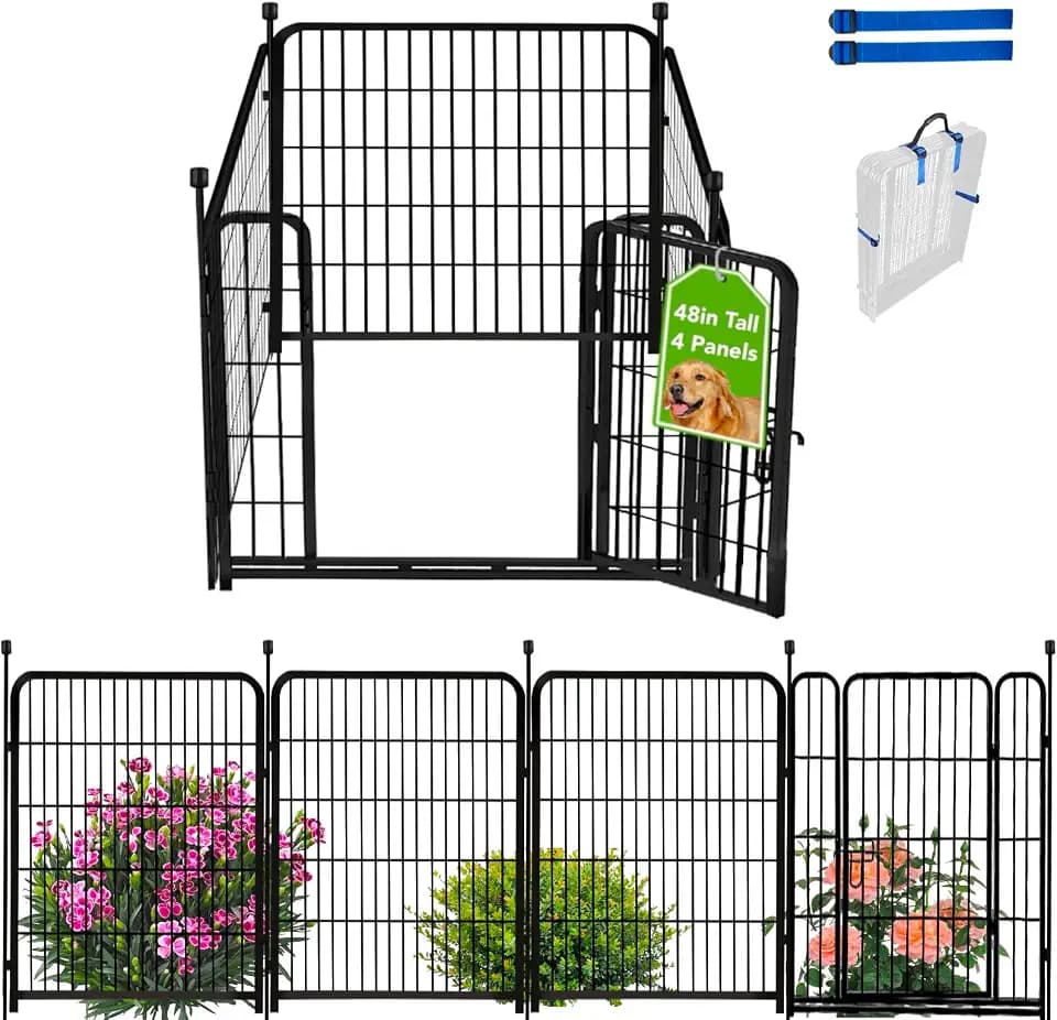 ADAVIN Tall Garden Fence with Gate, 48 in(H) 4 Panels Heavy Duty Iron Metal Fencing Border, Indoor or Outdoor Dog Playpen, Animal Barrier Fence, No Dig Fencing for Yard, Total 8.9 FT(L), Black