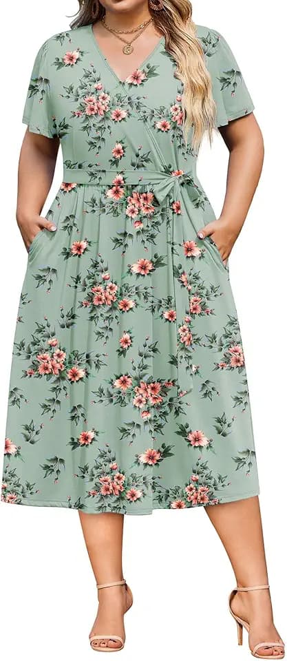 IN'VOLAND Women Plus Size Short Sleeve Dress Casual Wrap Vneck Midi Dress