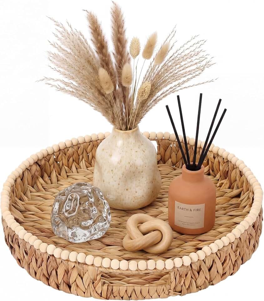 Round Wicker Tray 16'' Water Hyacinth Woven Tray with Handles Decorative Large Serving Trays for Coffee Table for Kitchen, Living Room, Bedroom Home Decor(Water Hyacinth)