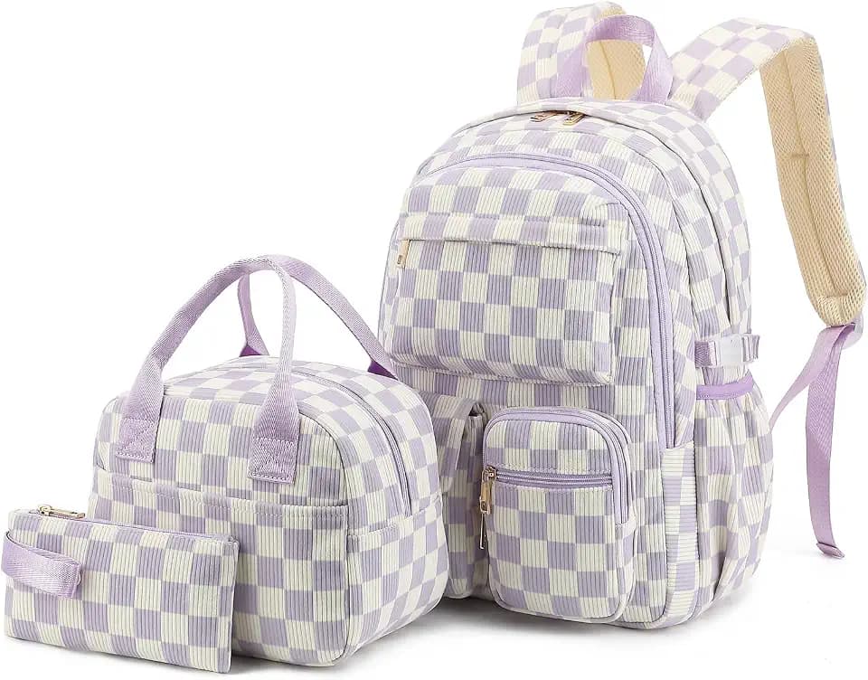 Corduroy Backpack Set for Teen Girls, 3PCS Kids Backpack with Lunch Box Pencil Pouch, Lightweight Bookbag Travel Daypack for Elementary Middle High School Bag (Checkered Purple)
