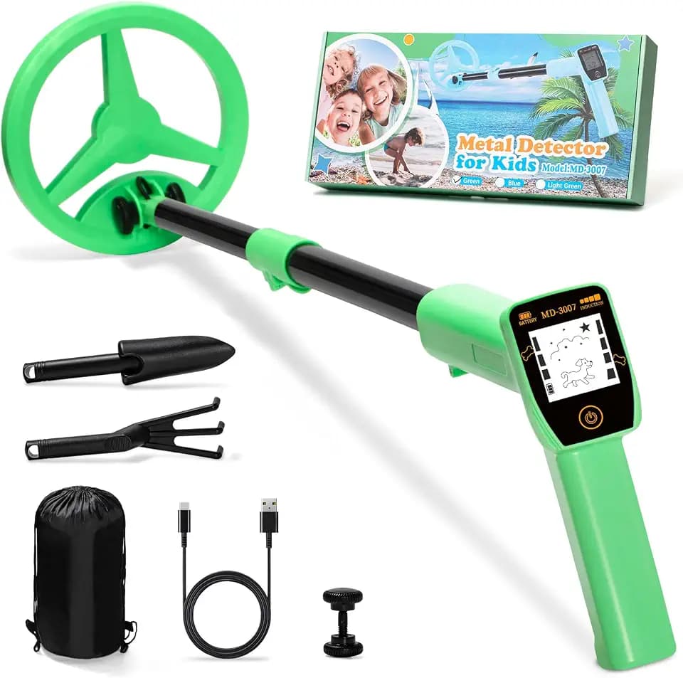 Metalldetektor Kinder, Smofrees Über USB Wiederaufladbarer Kleiner Kinder Metalldetektor, Verstellbarer 60-86cm Tragbarer Metalldetektor mit lustigem LCD-Display für die Erkundung im Freien, Grün