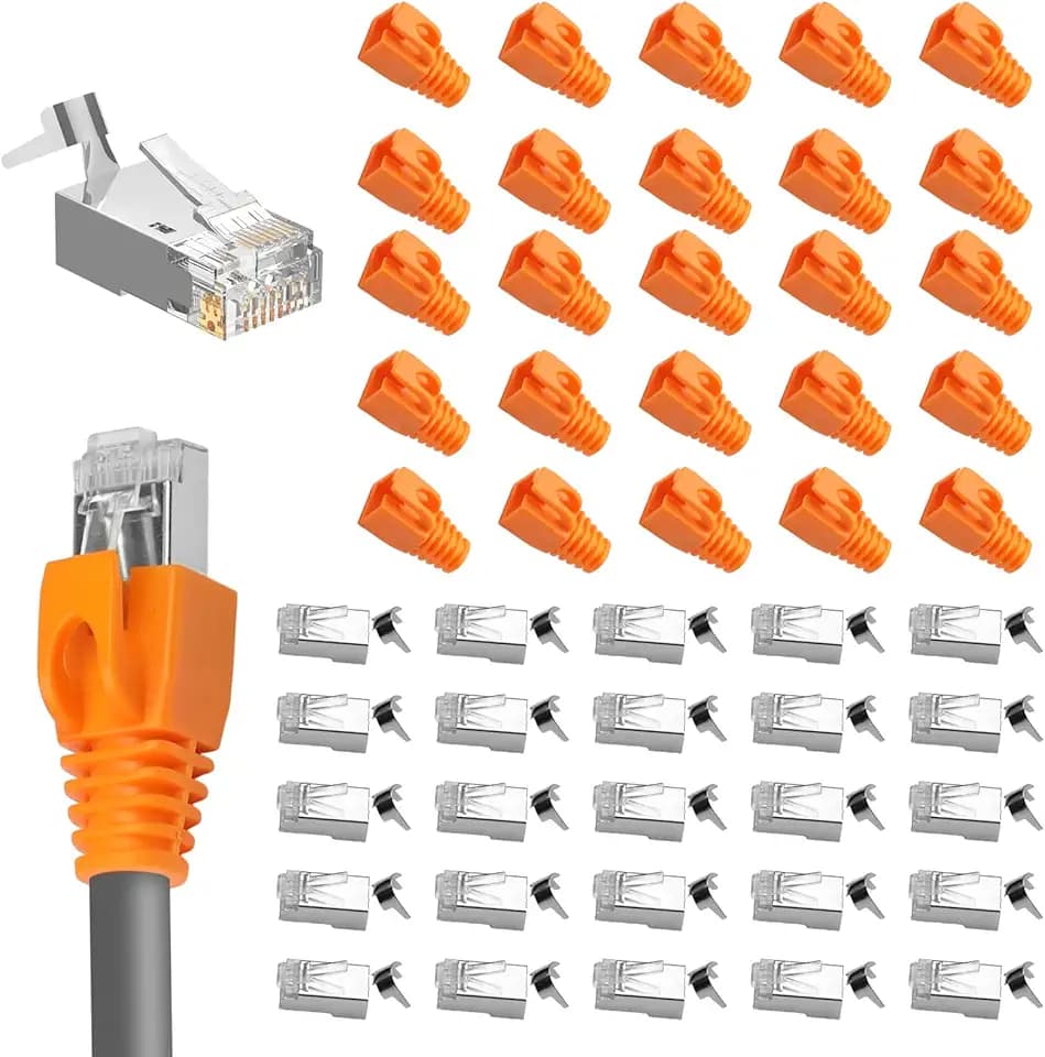 25 Stk RJ45 Stecker CAT 7 CAT 6A,netzwerkstecker cat7 mit Einfädelhilfe und Knickschutz,lan stecker für Verlegekabel AWG23 POE,Modularstecker Cat7 Crimpstecker für Switch/TV/PS4/ADS /Modem/Router/PC
