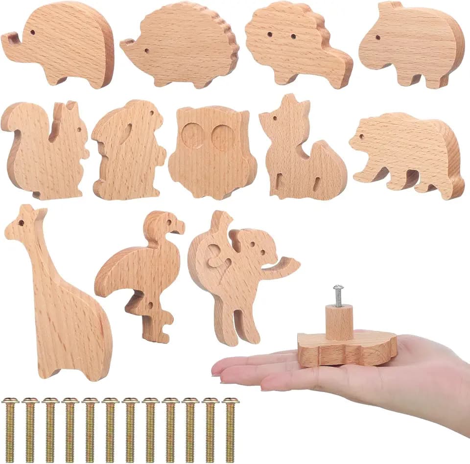 Qunclay 12 Sets Wooden Animal Dresser Knob Drawer Pull, Woodland Animal