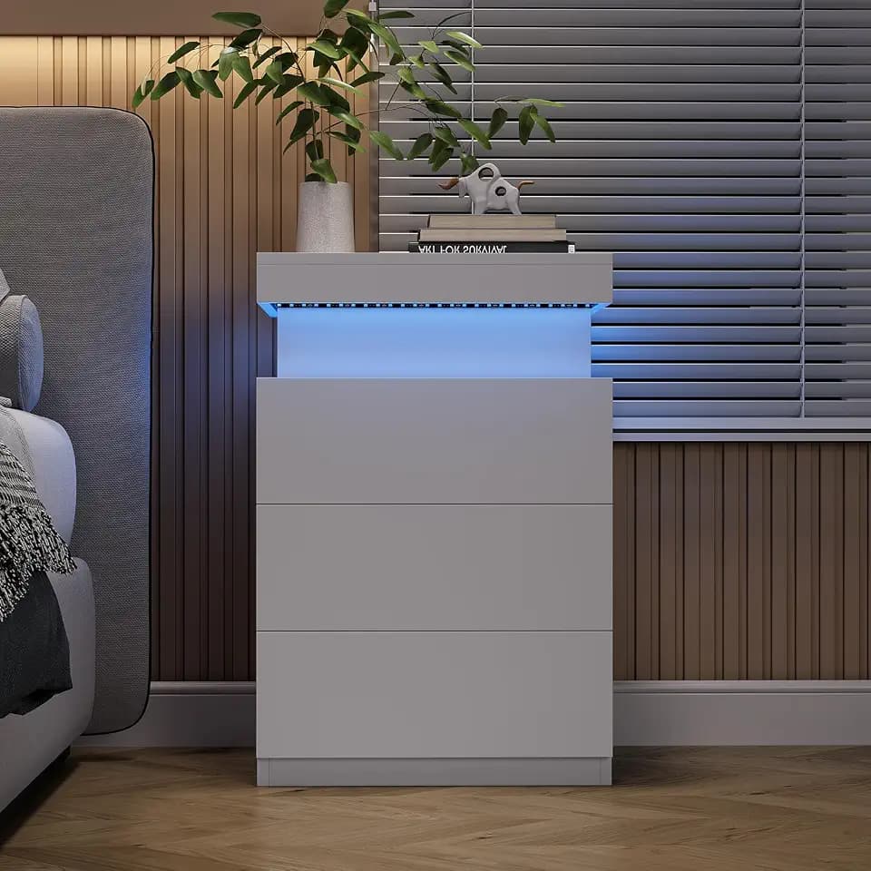 OLIXIS White Nightstand with Charging Station & RGB LED Lights