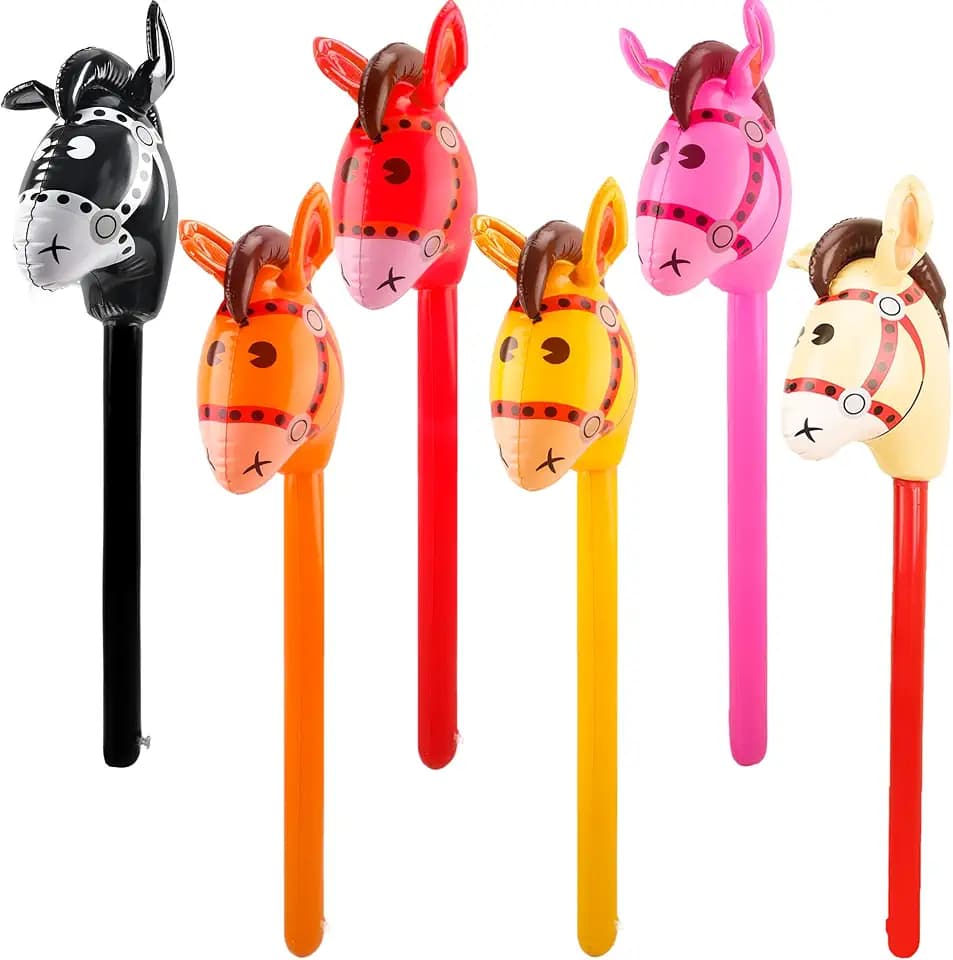 6 pack 40 Inch Inflatable Horse Stick Cute Horsehead Stick Balloon Colorful Inflatable Horsehead Stick Blow Up Pony Stick Toys for Christmas Cowboy Cowgirl Horse Theme Party Decor (Color Set 3)