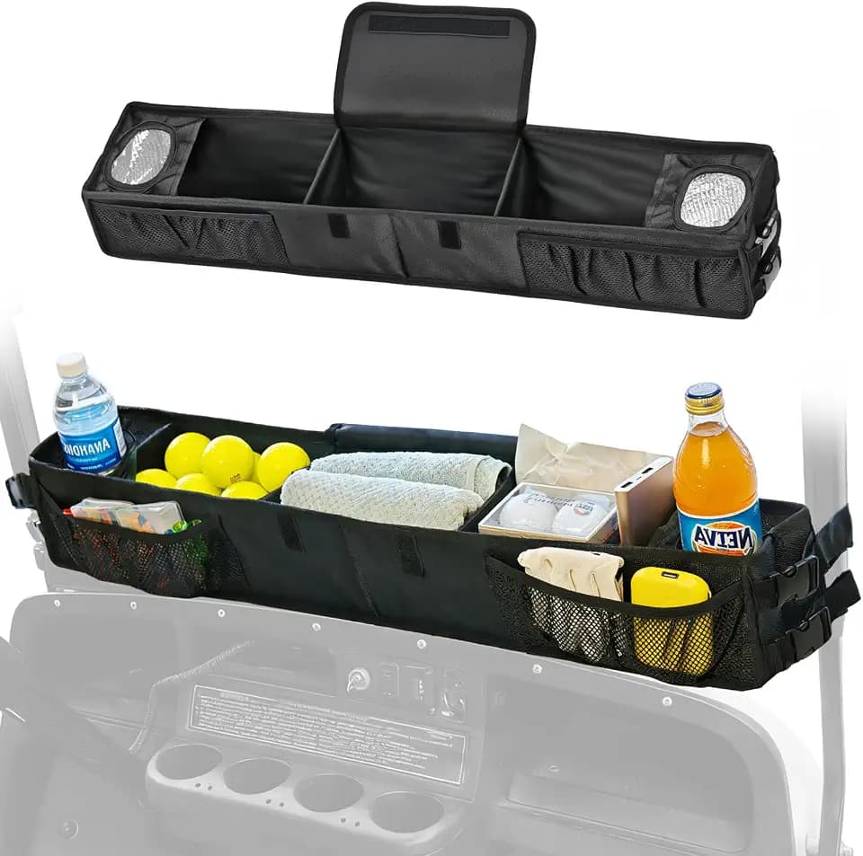 Golf Cart Front Storage Basket, Upgraded No-Drilling Golf Cart Storage Tray with Cooling Compartment, Foldable Storage Basket Organizer for EZGO TXT & RXV, Club Car DS & Precedent, Kandi