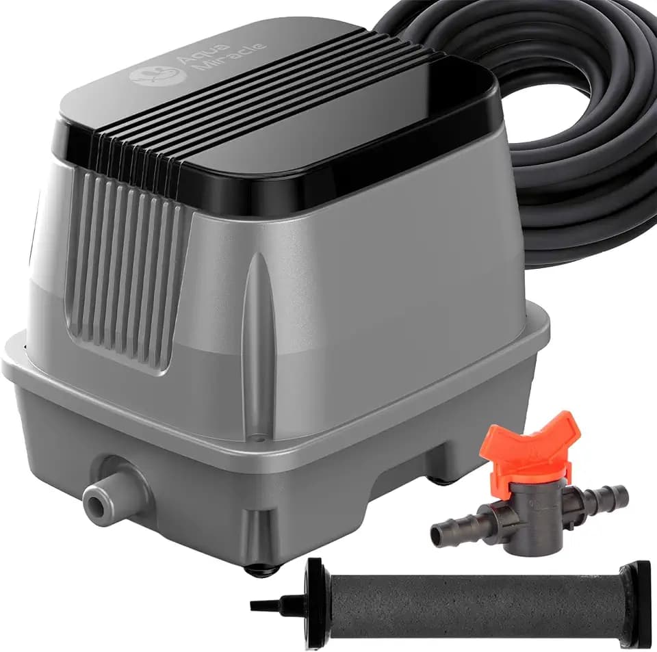 AquaMiracle Koi Pond Aerator Pond Air Pump for Outdoor Ponds 2000-5000 Gallons, All-in-One Pond Aeration Kit with Self-Sinking Airline Flow Control Rubber Air Diffuser