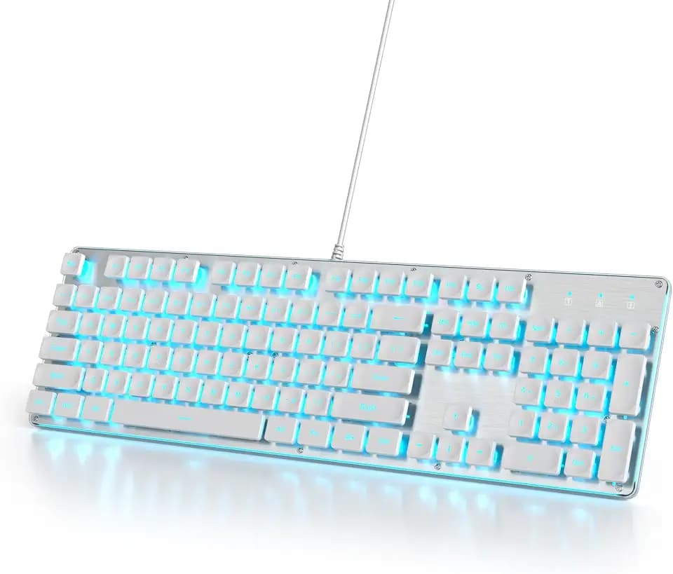 Kabelgebundene Gaming-Tastatur Schreibmaschine, 104 Tasten Membran-LED-Hintergrundbeleuchtung US-Layout QWERTY mit runden Tasten für Computer/PC/Laptop/Windows（G1000-White）