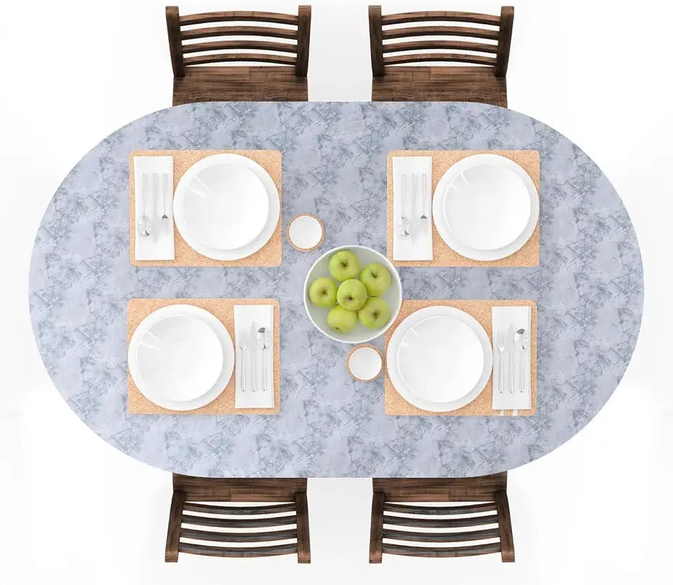 UMINEUX Oval Fitted Vinyl Tablecloth with Elastic Edged & Flannel Backing, Waterproof Wipeable Oval Table Cover - Fits Tables up to 42"X68" (GrayMarble)