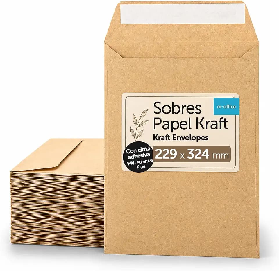 m-office Kraftpapier-Umschläge, Große Umschläge mit Silikonstreifen für Dokumente oder Geschenktaschen, Maß 229x324mm, Ideal für Zertifikate und A4-Blätter (50 Stk.)