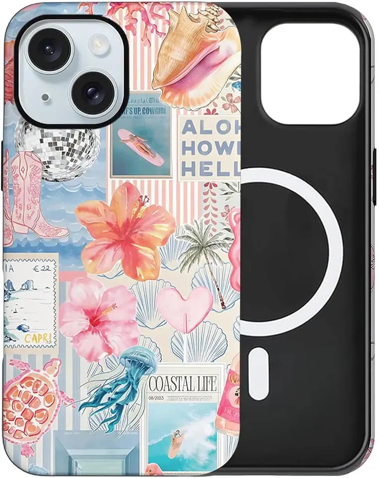 for iPhone 13 Case/iPhone 14 Case, [Compatible with MagSafe] Cute Summer Beach Ocean Seashell Flower Phone Case for Women Girls, Aesthetic Shockproof Hybrid 2-Layer Hard Shell Protective Cover