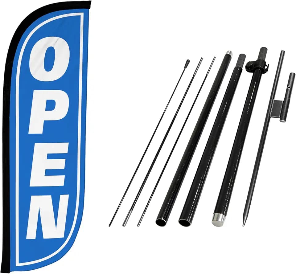 LookOurWay Feather Flag Pole Kit - 7 Feet Tall Advertising Banner with Fiberglass Pole Set and Ground Spike for Business Promotion - Open Flags - Open Blue & White