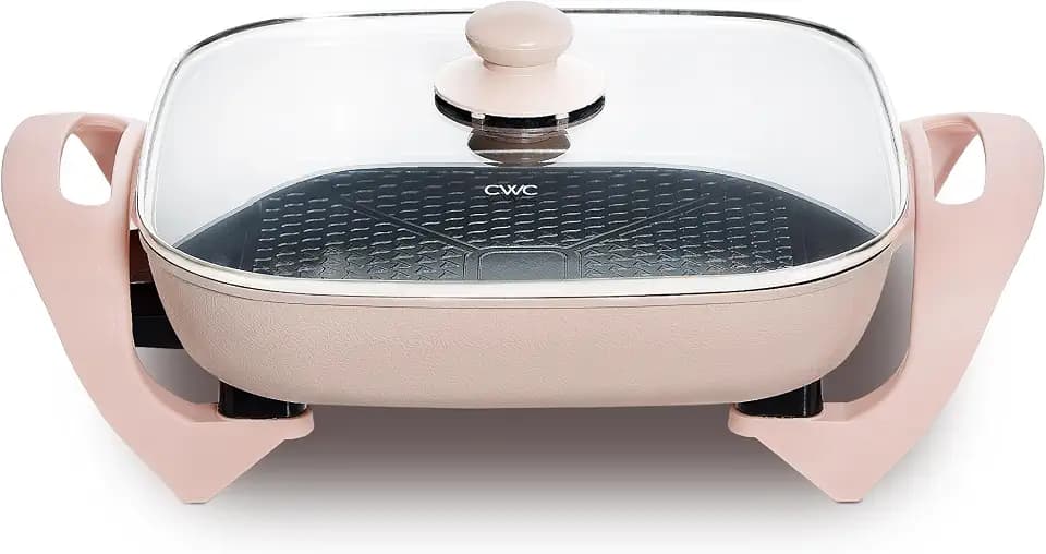 COOK WITH COLOR Electric Skillet - 12" x 12" Ceramic Nonstick Pan, PFAS-Free, 1400W, Tempered Glass Lid, Variable Temperature, Removable Heating Probe, Cool-Touch Handles, Blush