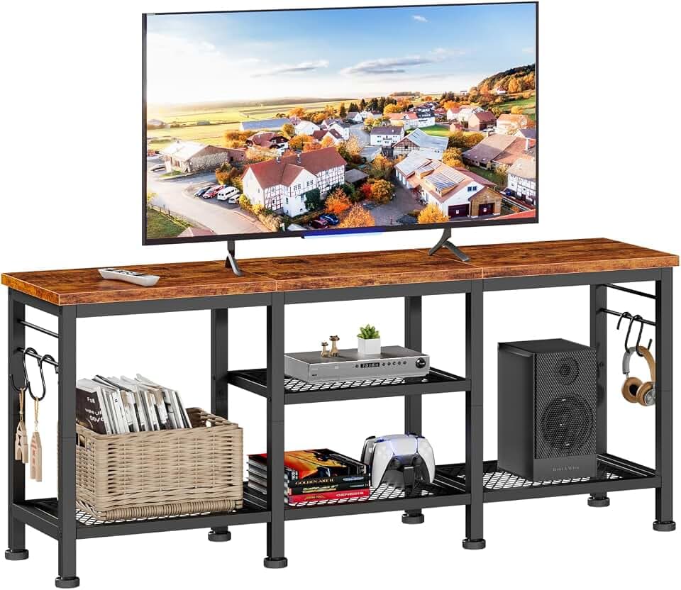 Furologee TV Stand, Entertainment Center with Open Shelves, Rustic Brown